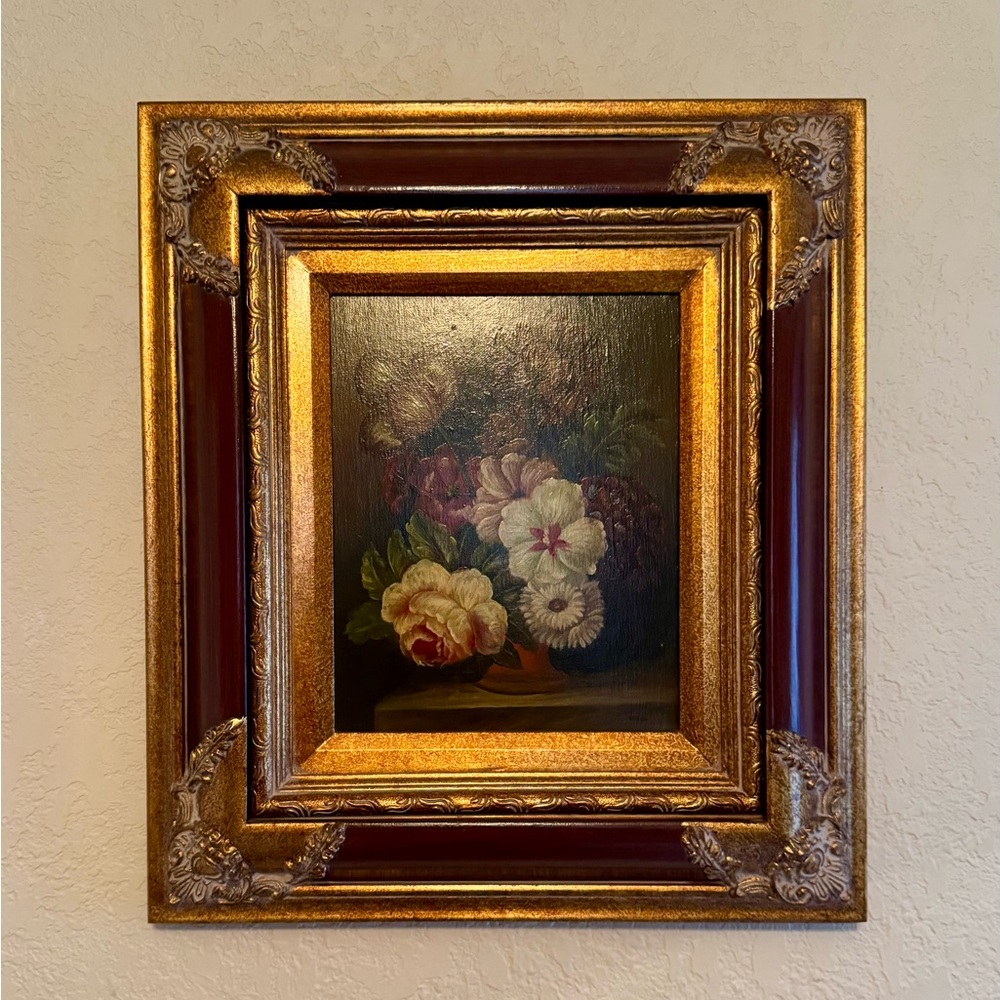 Framed Floral Oil Painting with Gold Frame